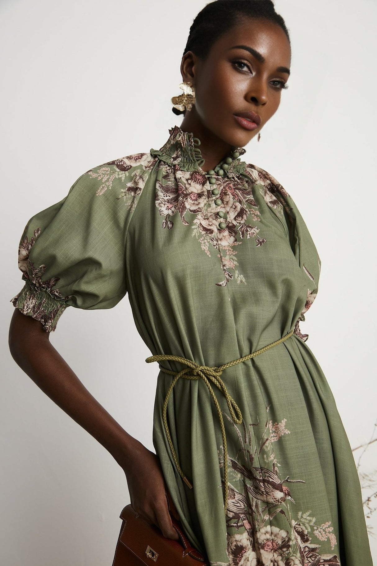 Emma Midi Dress - Puff Sleeves - Mock Neck - Gathered Detailing - Belted - Floral Print