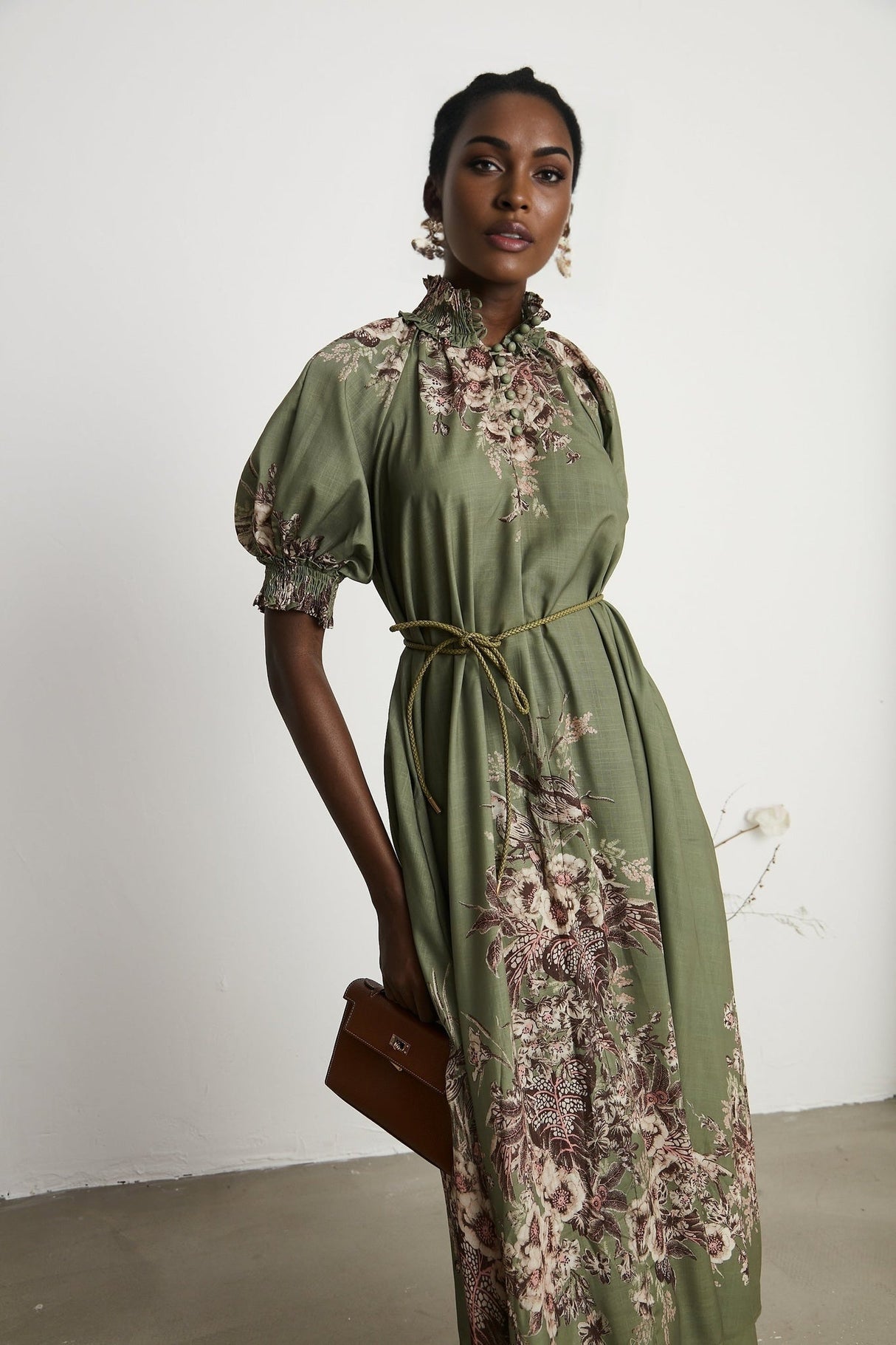 Emma Midi Dress - Puff Sleeves - Mock Neck - Gathered Detailing - Belted - Floral Print