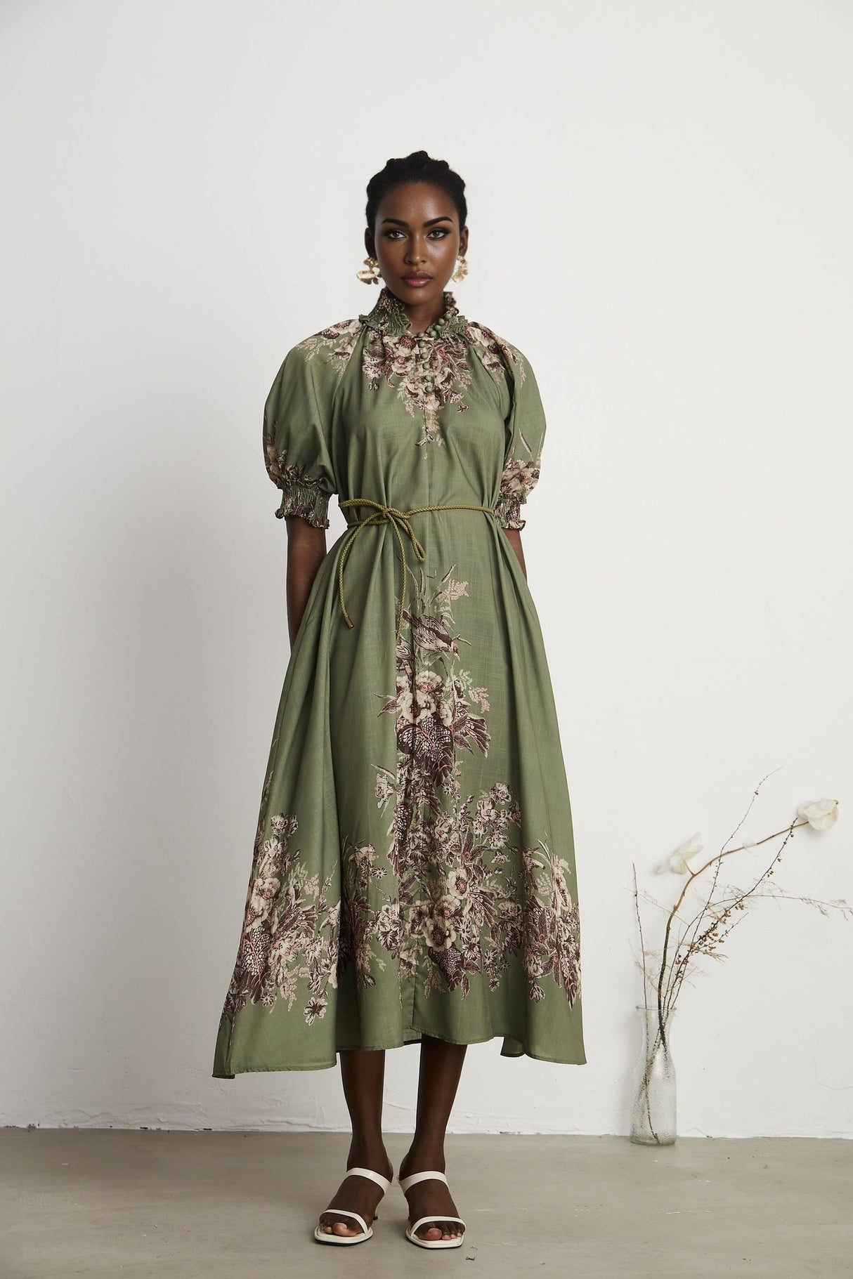 Emma Midi Dress - Puff Sleeves - Mock Neck - Gathered Detailing - Belted - Floral Print