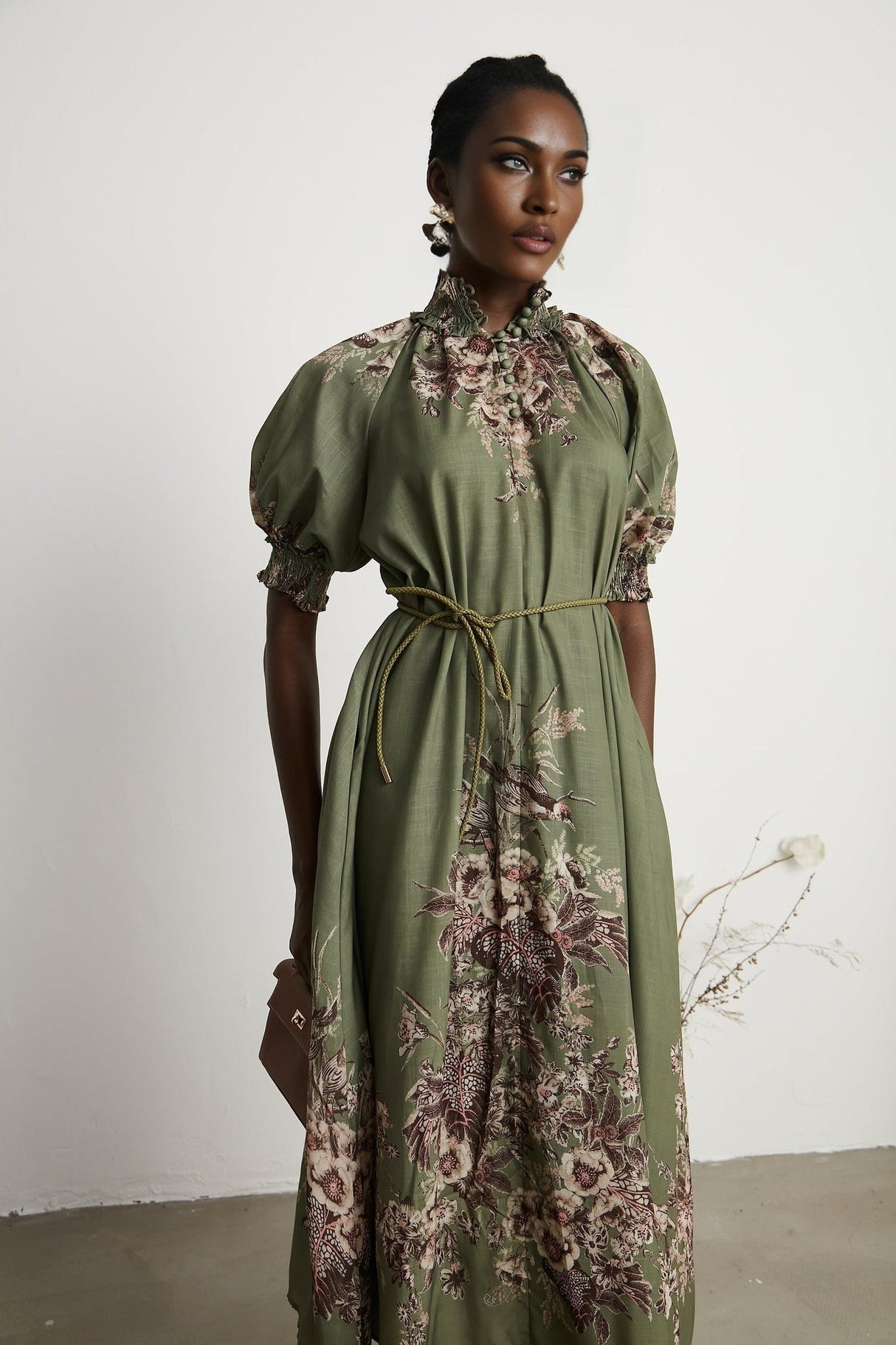 Emma Midi Dress - Puff Sleeves - Mock Neck - Gathered Detailing - Belted - Floral Print