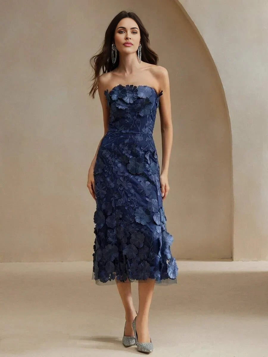 Emma Midi Dress - Strapless Neckline - Flared Hem - High Waist - Elegant Style - Mesh Material