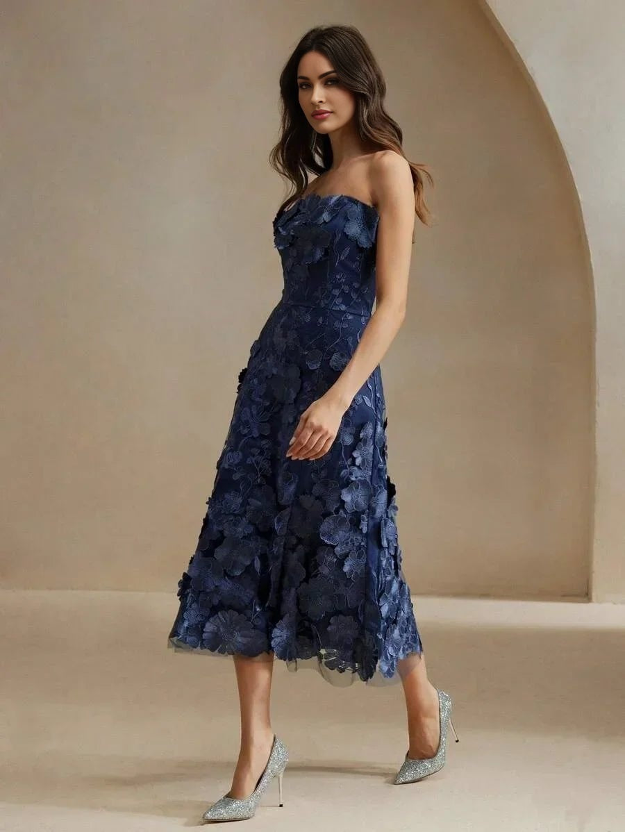 Emma Midi Dress - Strapless Neckline - Flared Hem - High Waist - Elegant Style - Mesh Material