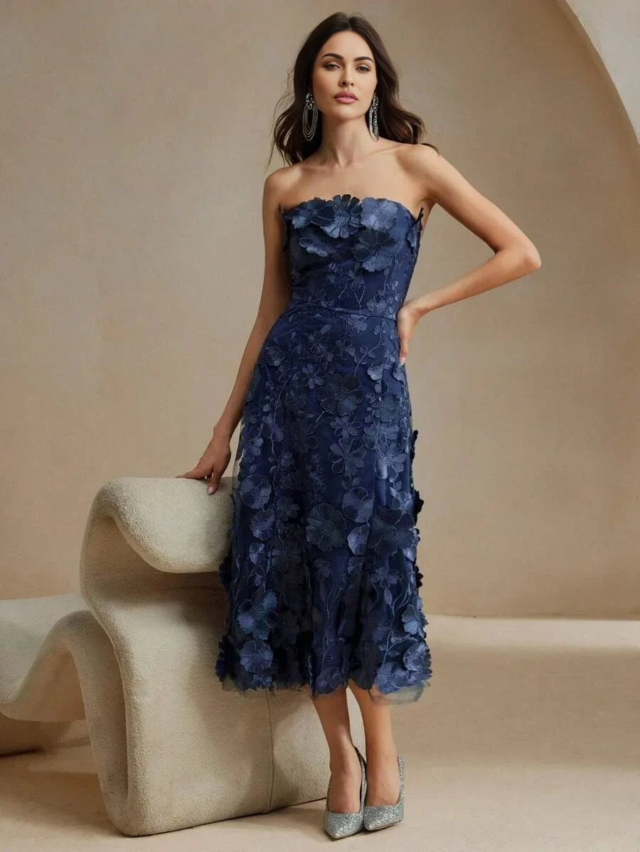 Emma Midi Dress - Strapless Neckline - Flared Hem - High Waist - Elegant Style - Mesh Material