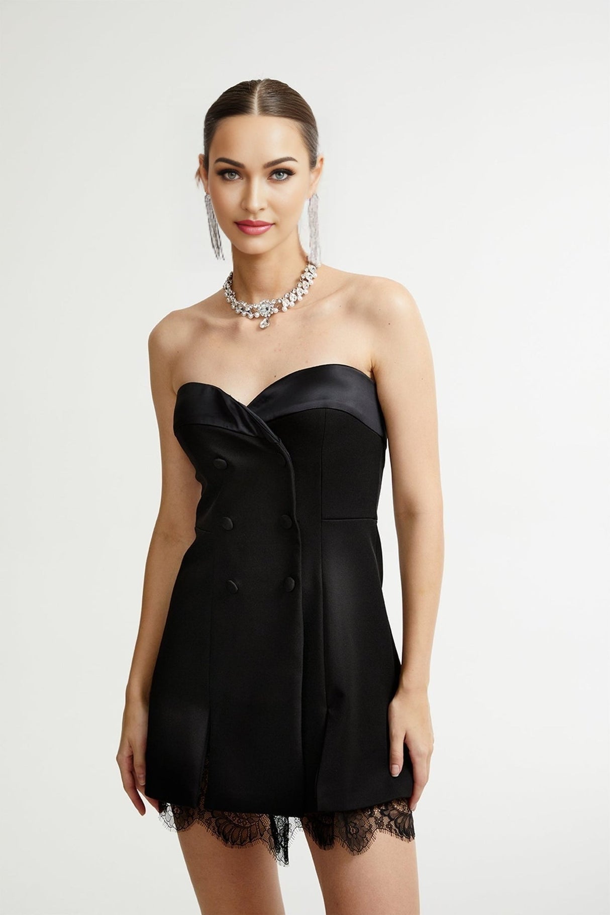 Emma Mini Dress - Bustier Style - Sleeveless - Double - Breasted Buttons - Cinched Waist