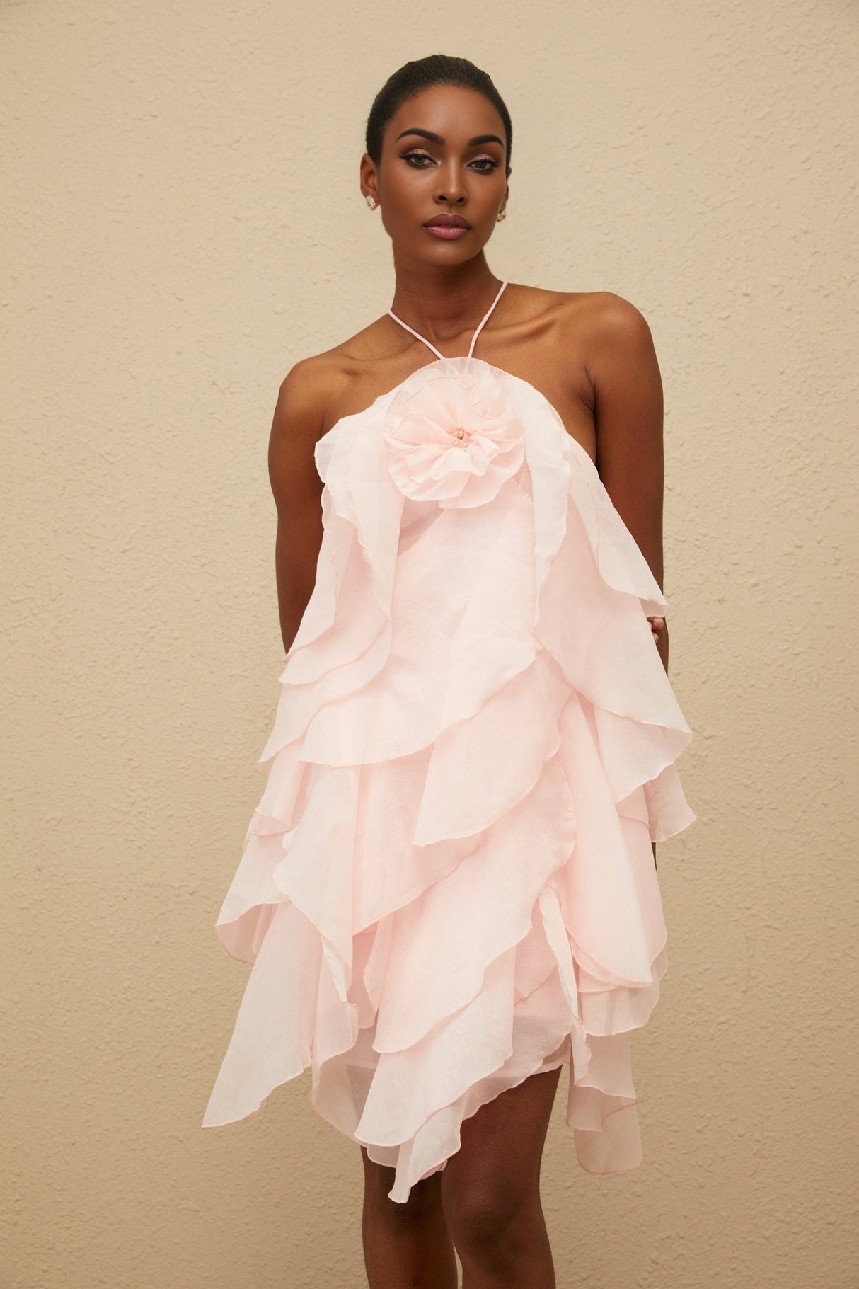 Emma Mini Dress - Halterneck - Sleeveless - Open Back - Tiered Design - Ruffled Detailing