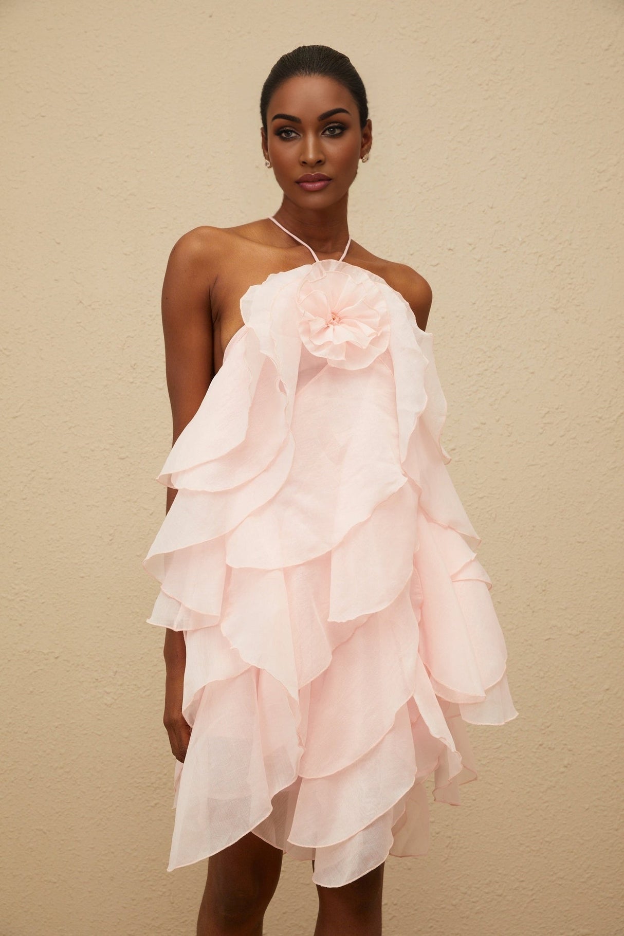 Emma Mini Dress - Halterneck - Sleeveless - Open Back - Tiered Design - Ruffled Detailing