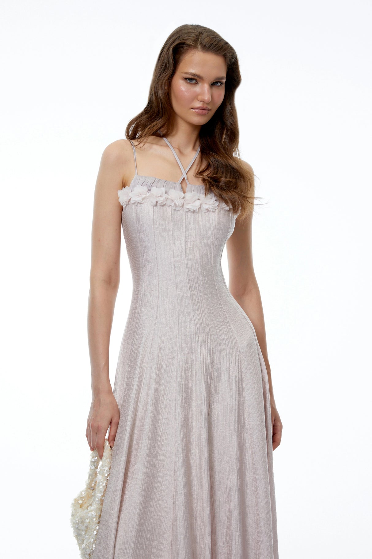 Emma Purple Halterneck 3D Floral Cinched Midi Dress
