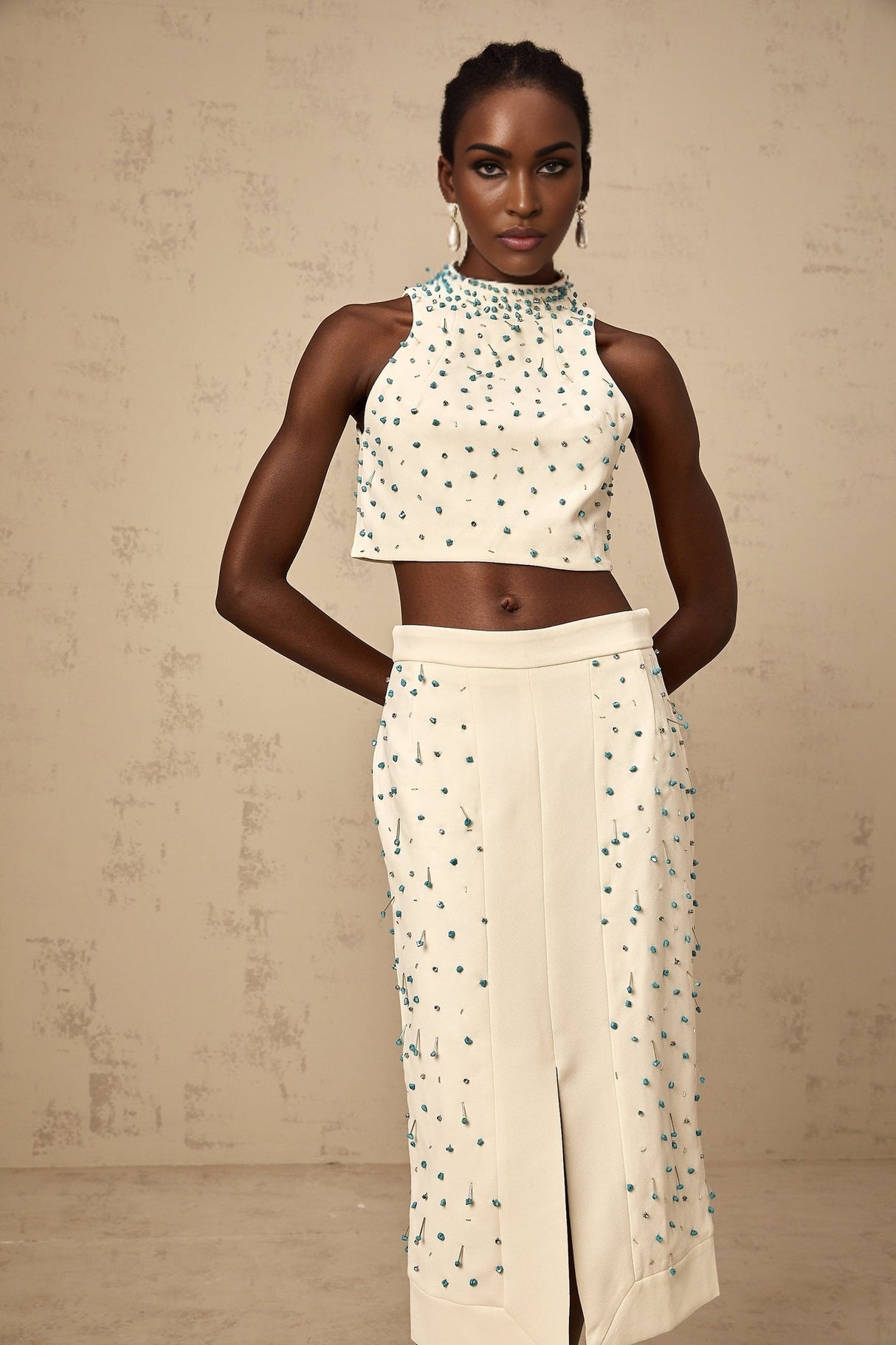 Emma Skirt & Top Set - Mock Neck Sleeveless Design - Bead & Crystal Embellishments - High Slit & Rear Zip Fastening