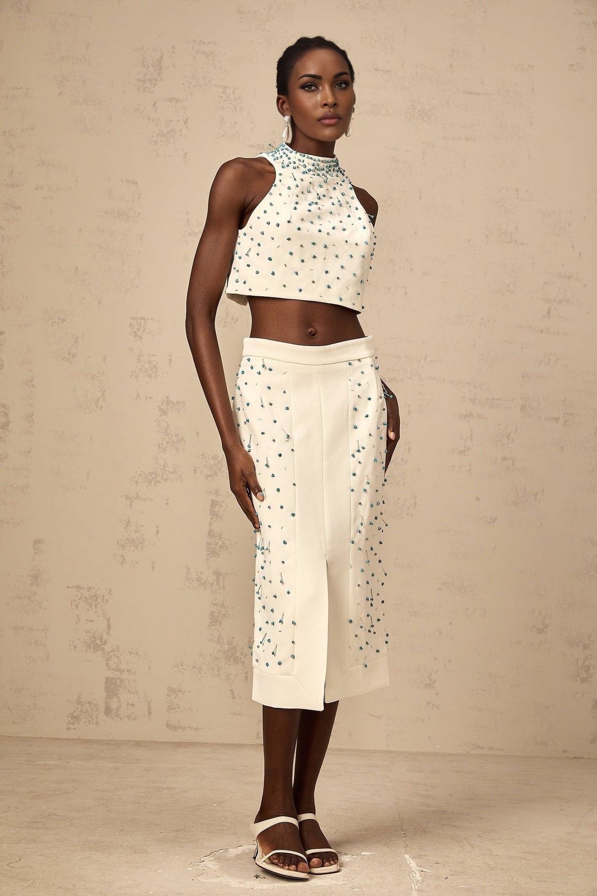 Emma Skirt & Top Set - Mock Neck Sleeveless Design - Bead & Crystal Embellishments - High Slit & Rear Zip Fastening