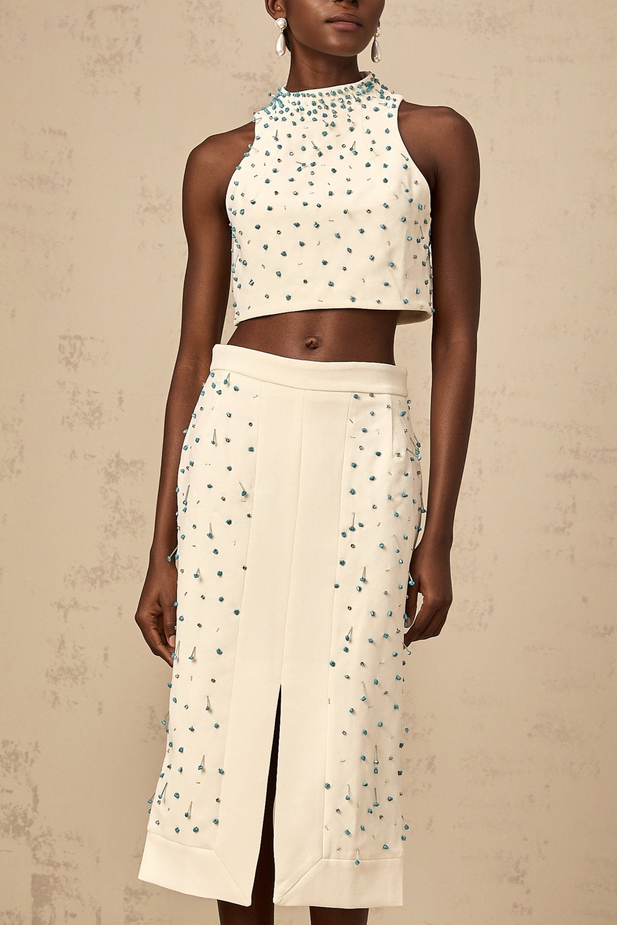 Emma Skirt & Top Set - Mock Neck Sleeveless Design - Bead & Crystal Embellishments - High Slit & Rear Zip Fastening