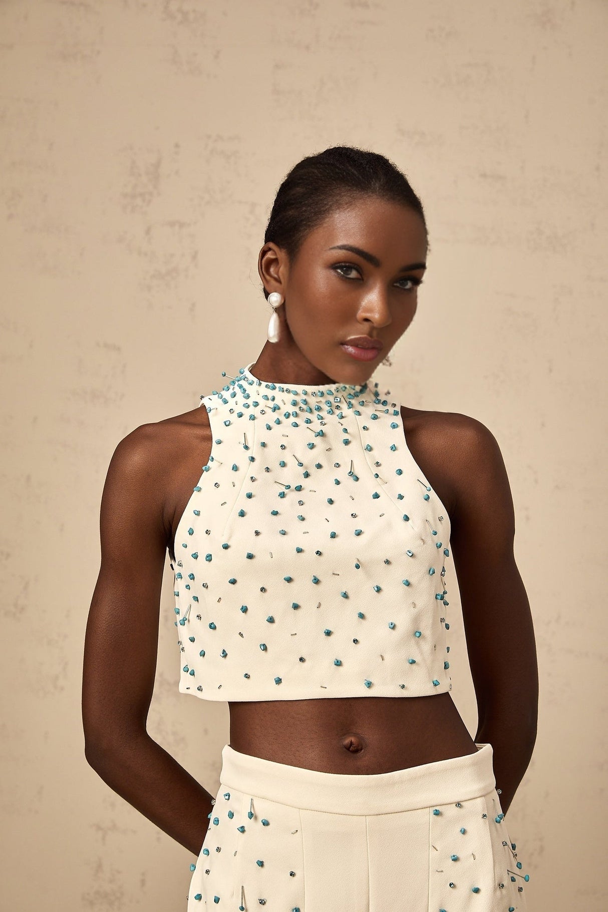 Emma Skirt & Top Set - Mock Neck Sleeveless Design - Bead & Crystal Embellishments - High Slit & Rear Zip Fastening