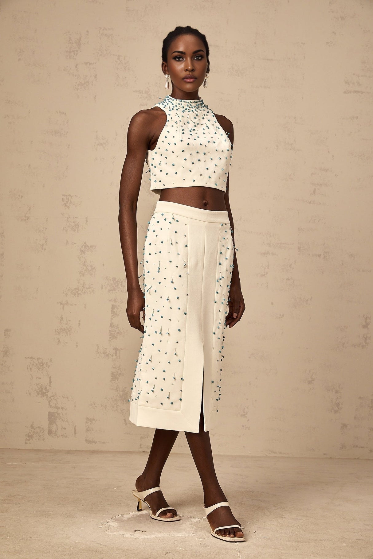 Emma Skirt & Top Set - Mock Neck Sleeveless Design - Bead & Crystal Embellishments - High Slit & Rear Zip Fastening