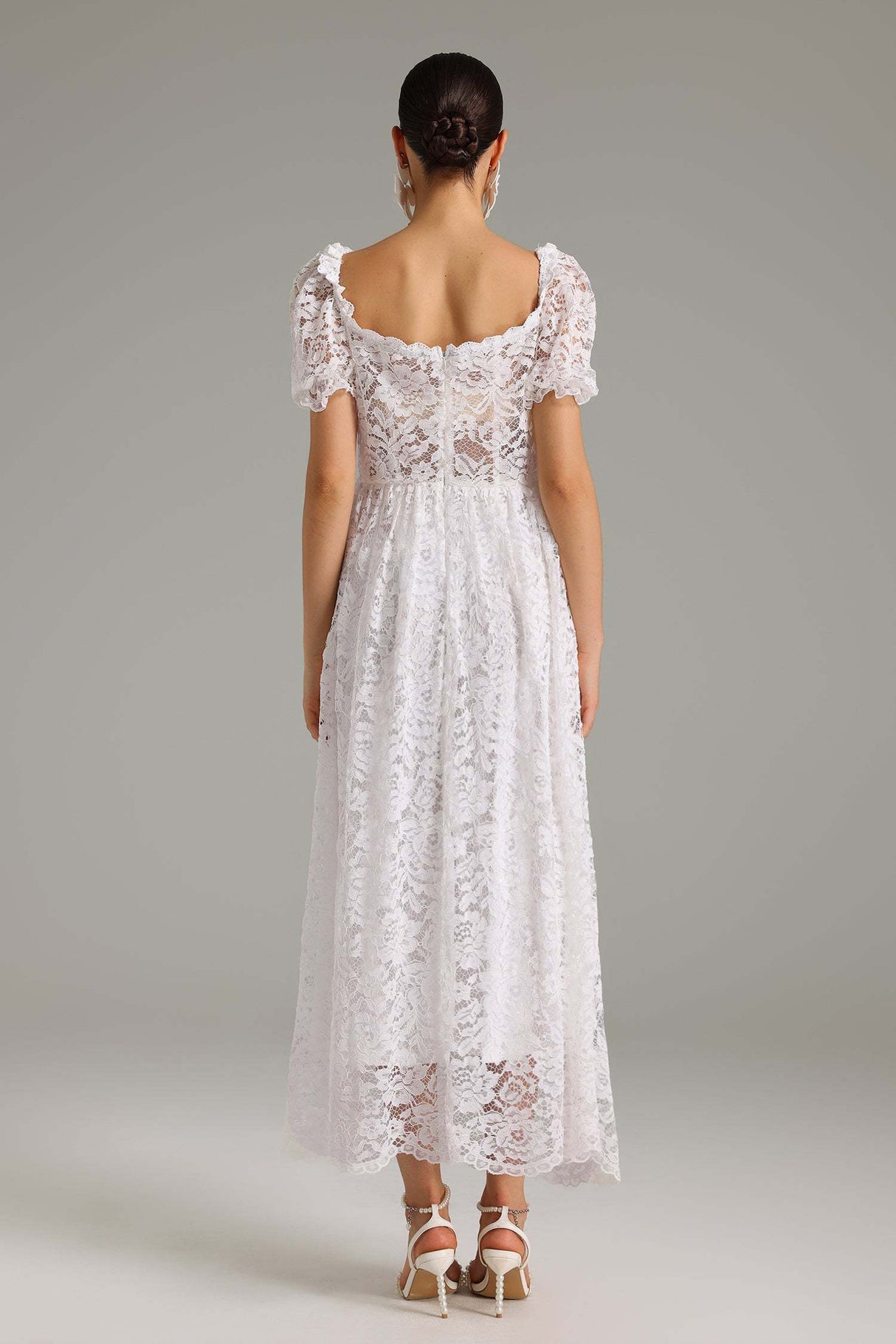 Emma White Lace Maxi Dress Sweetheart Neckline Puff Sleeves Lightweight Fabric