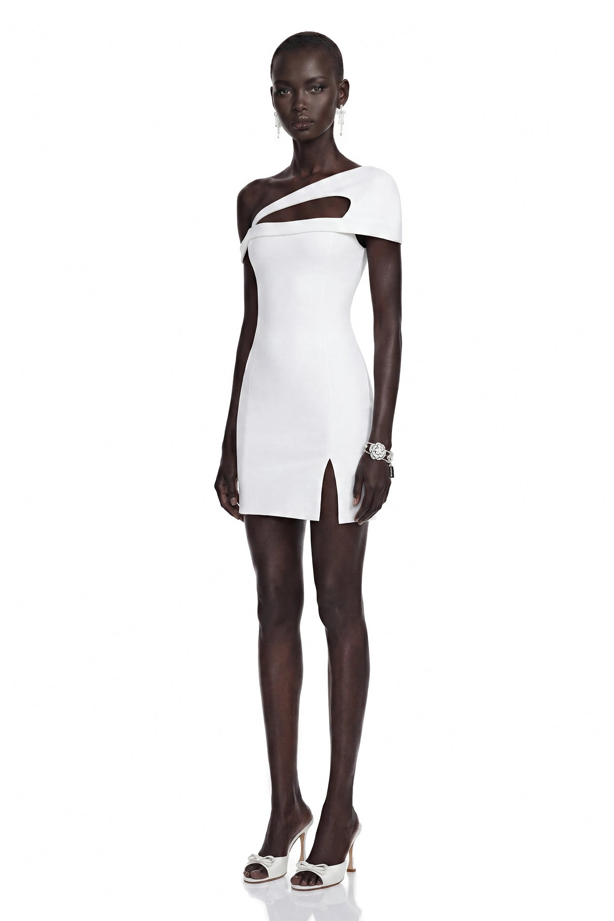 Emma White One Shoulder CutOut Mini Dress with Slit