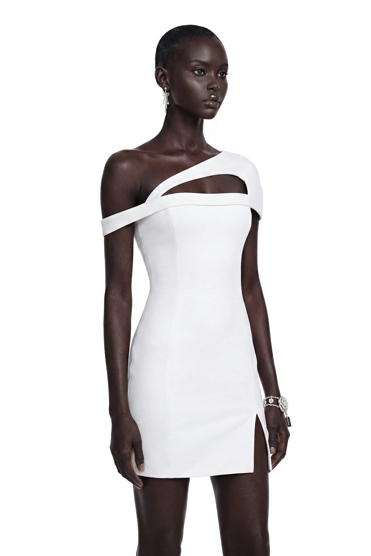 Emma White One Shoulder CutOut Mini Dress with Slit