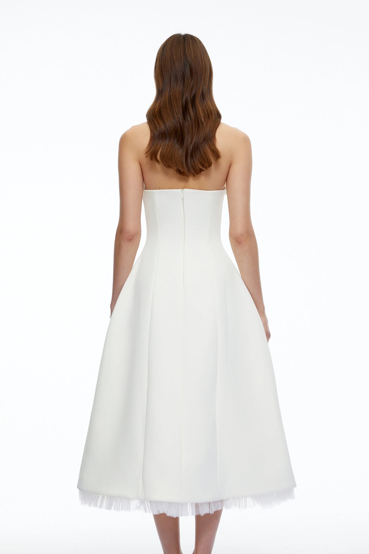 Enid White Strapless Rhinestone Midi Dress with Bow
