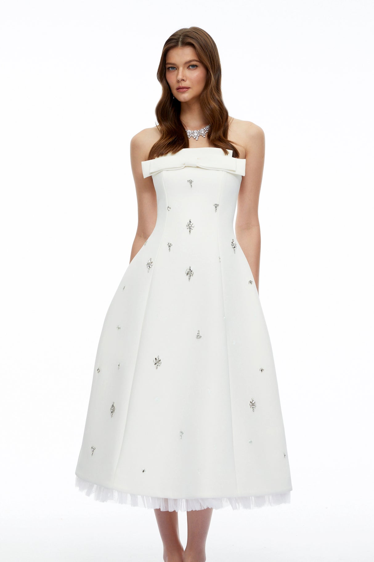 Enid White Strapless Rhinestone Midi Dress with Bow