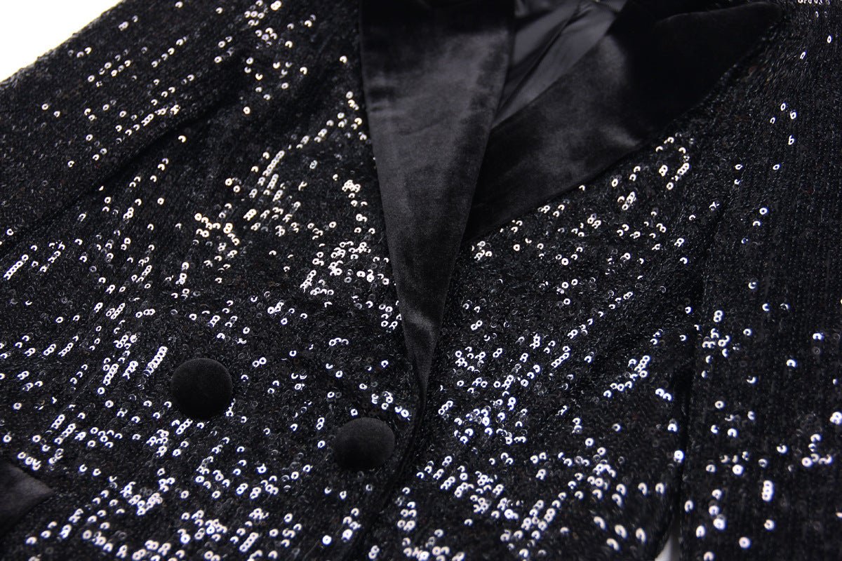 Enrica Double - Breasted Sequin Blazer - Slim Fit with Velvet Lapels - Velvet - Trimmed Pockets