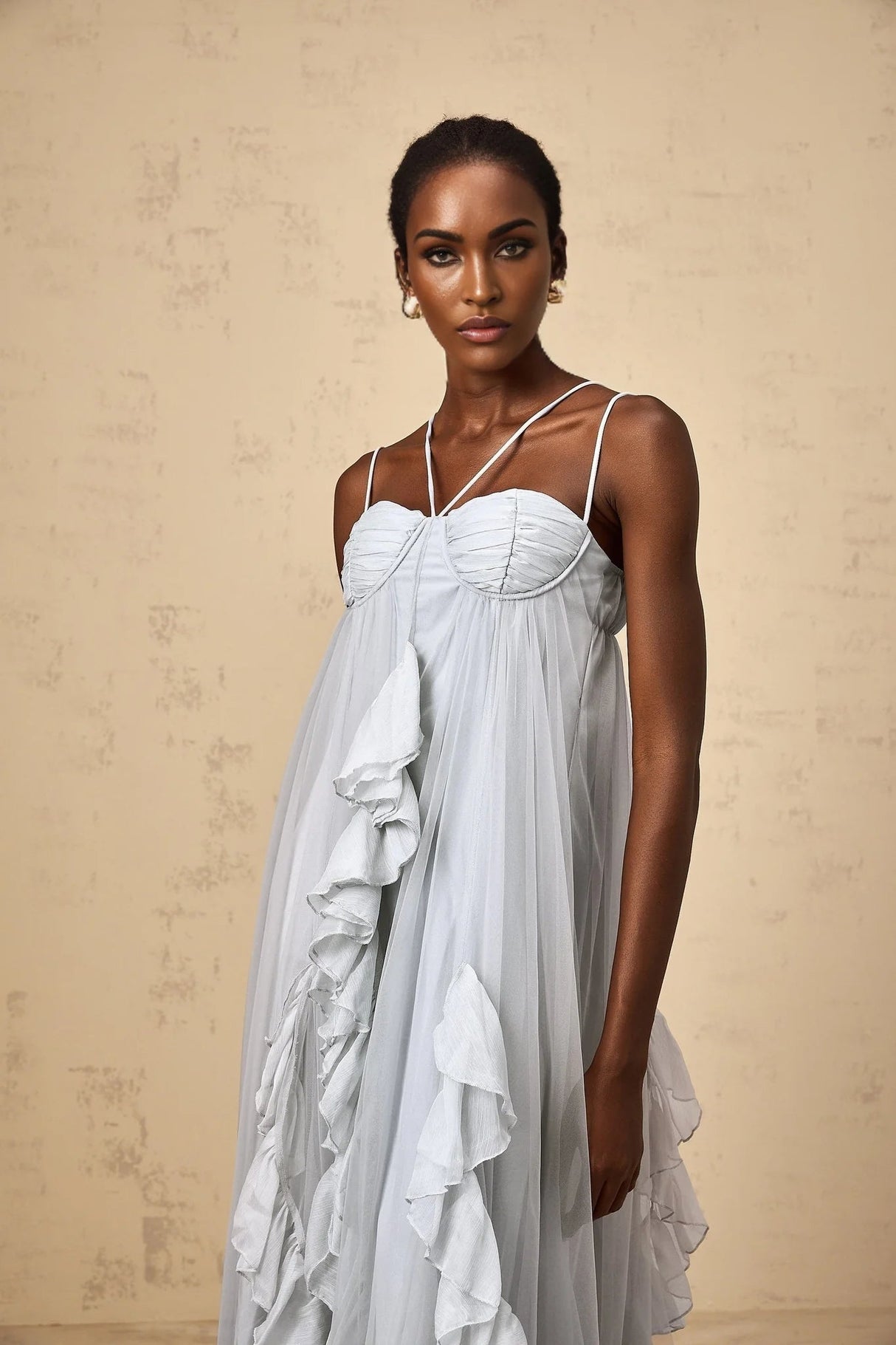 Enrica Maxi Dress Blue Ruffled Tulle Layered Texture