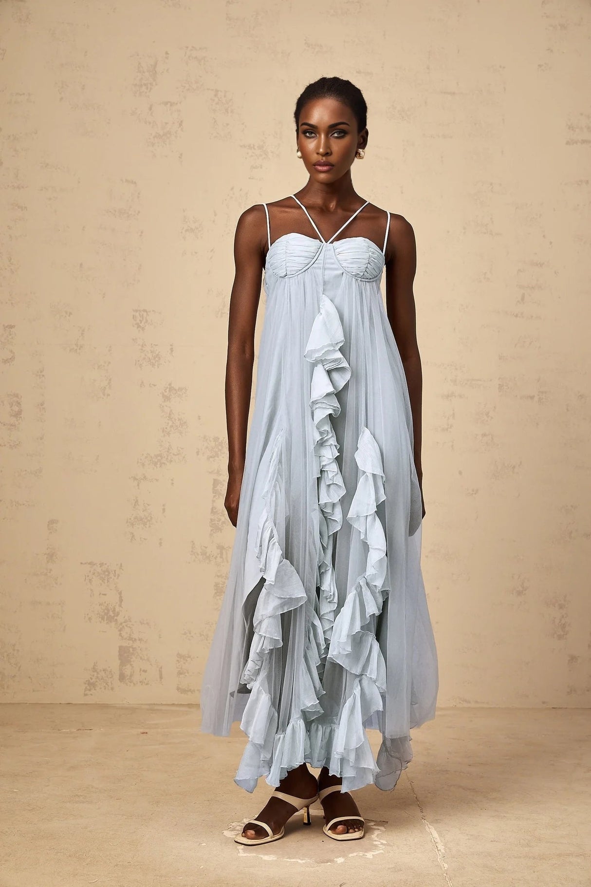 Enrica Maxi Dress Blue Ruffled Tulle Layered Texture