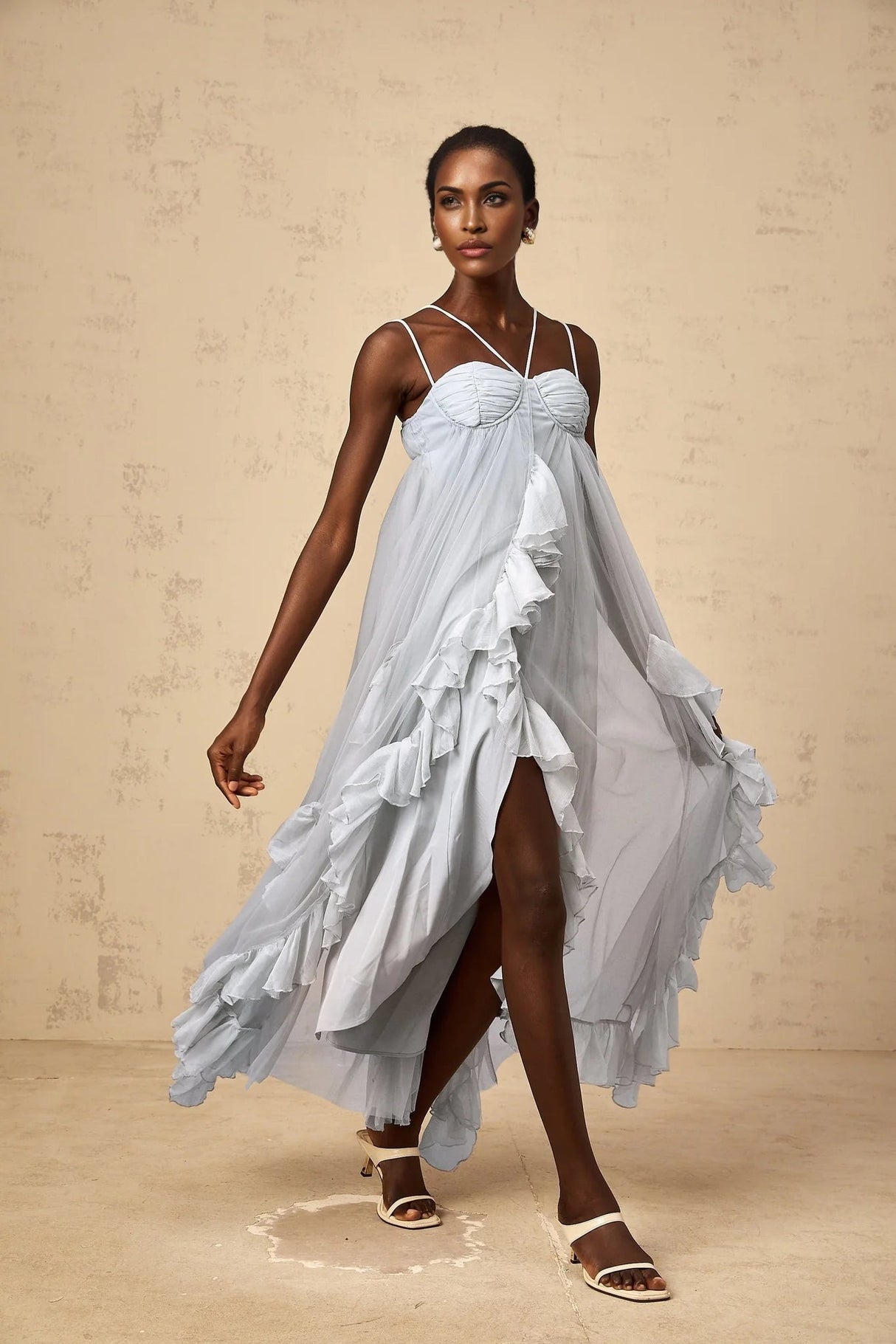 Enrica Maxi Dress Blue Ruffled Tulle Layered Texture