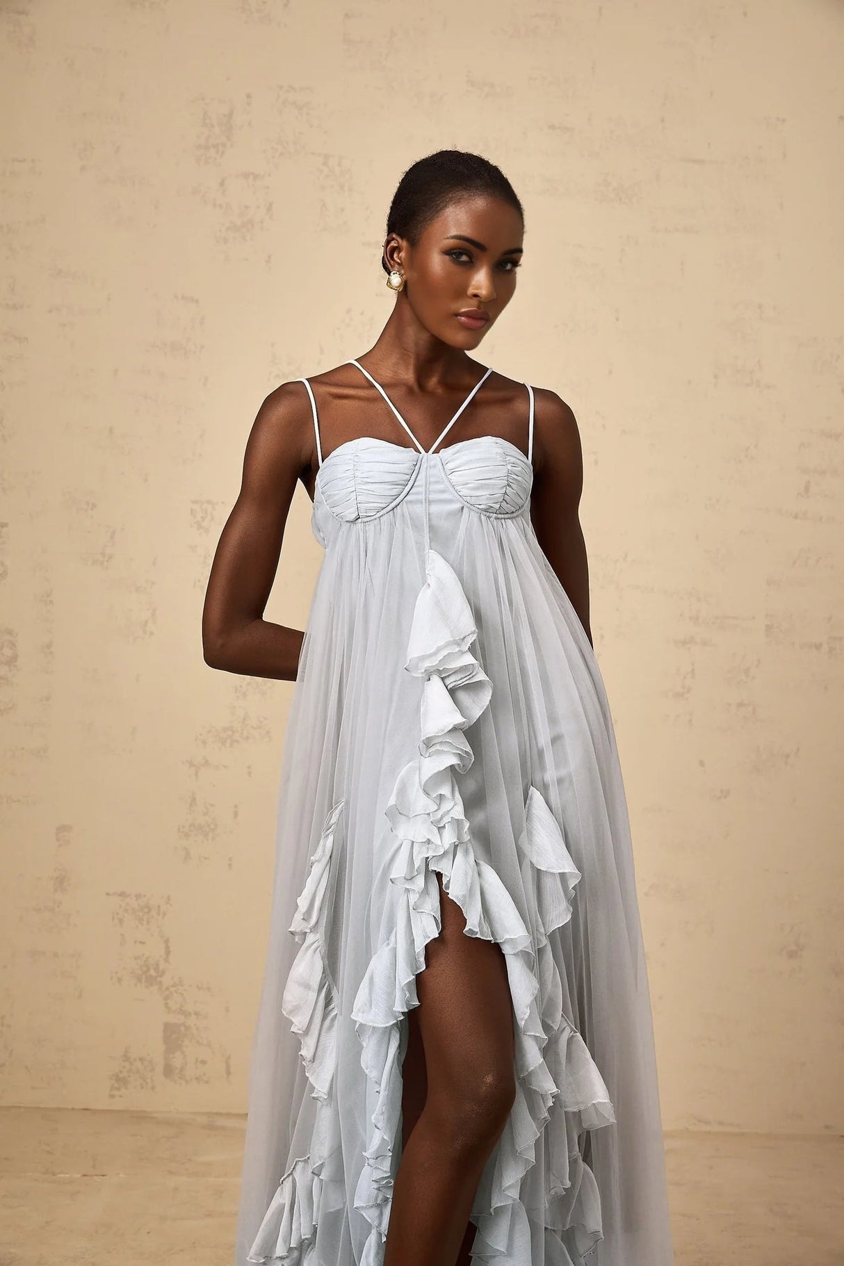 Enrica Maxi Dress Blue Ruffled Tulle Layered Texture