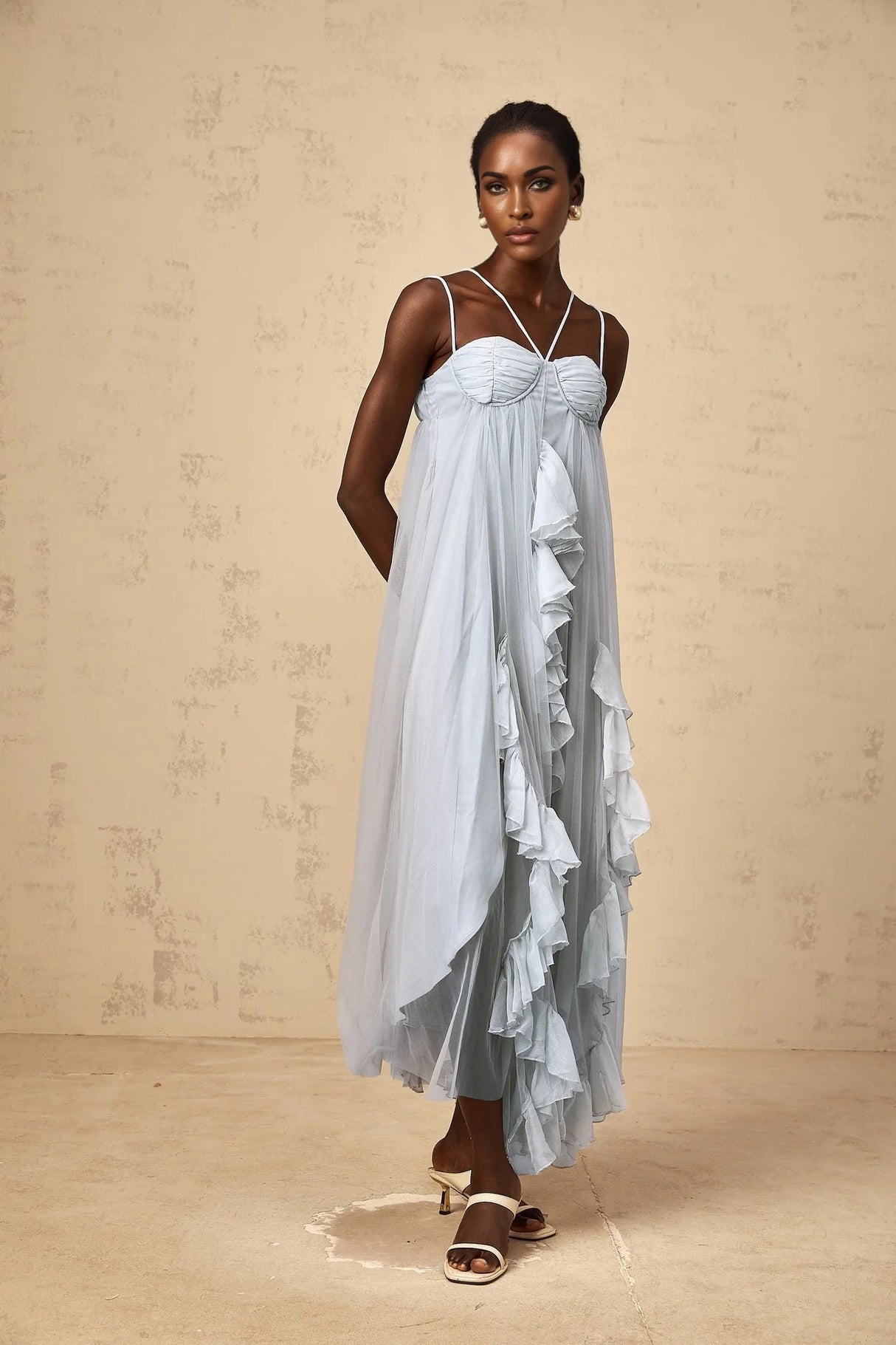 Enrica Maxi Dress Blue Ruffled Tulle Layered Texture