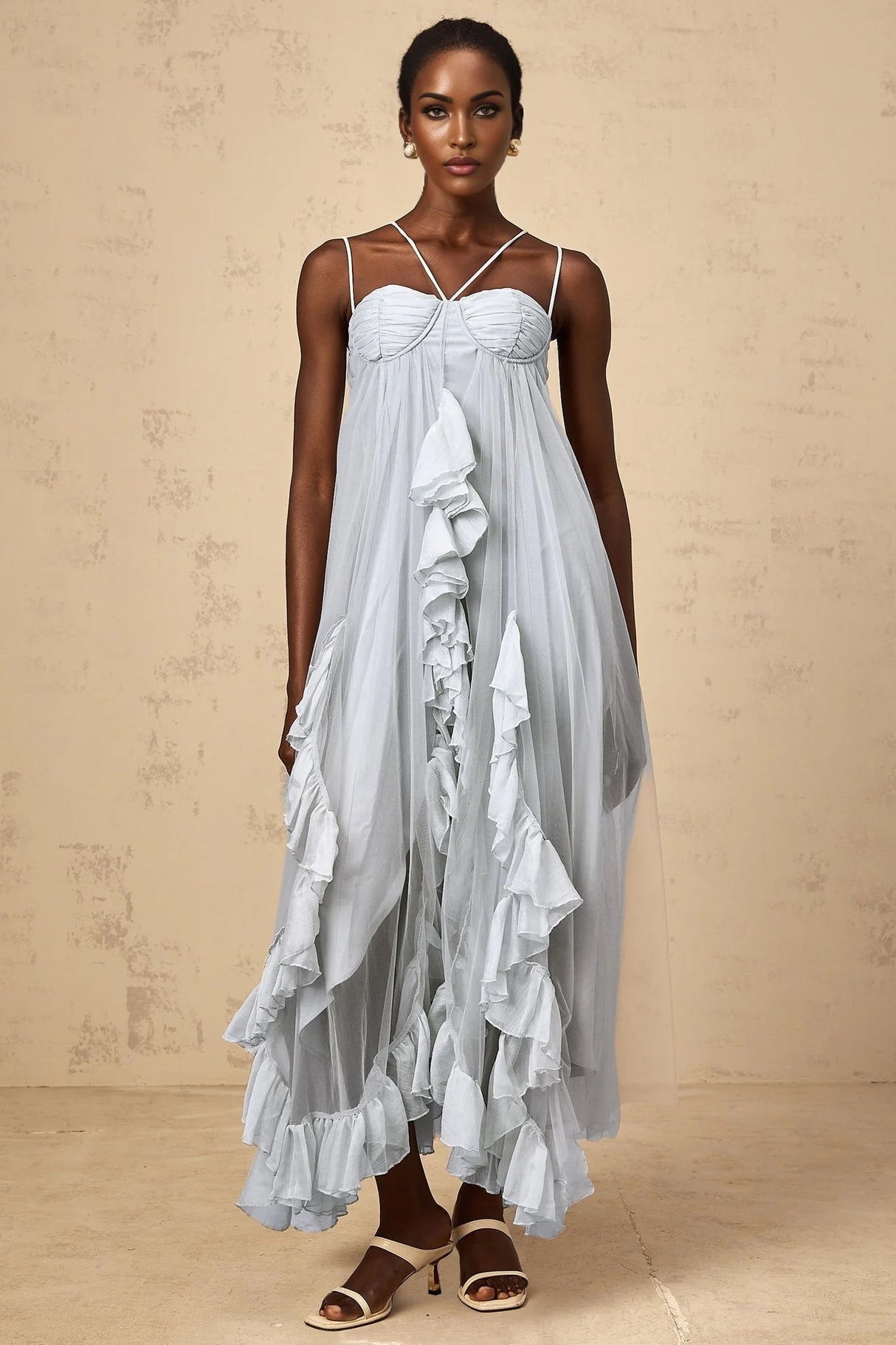 Enrica Maxi Dress Blue Ruffled Tulle Layered Texture