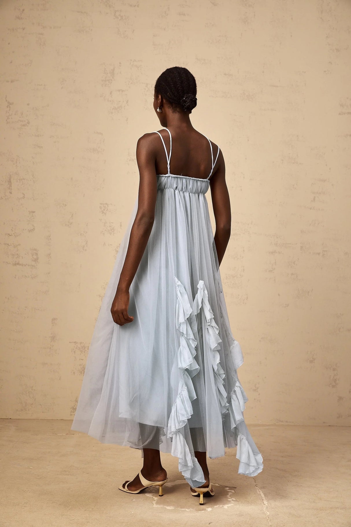 Enrica Maxi Dress Blue Ruffled Tulle Layered Texture