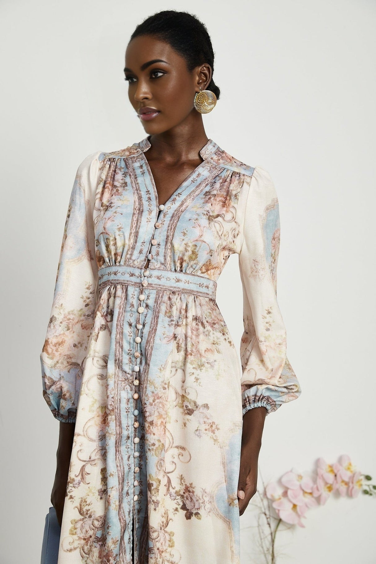 Enrica Midi Dress - Long Sleeves - V - Neck - Floral Print