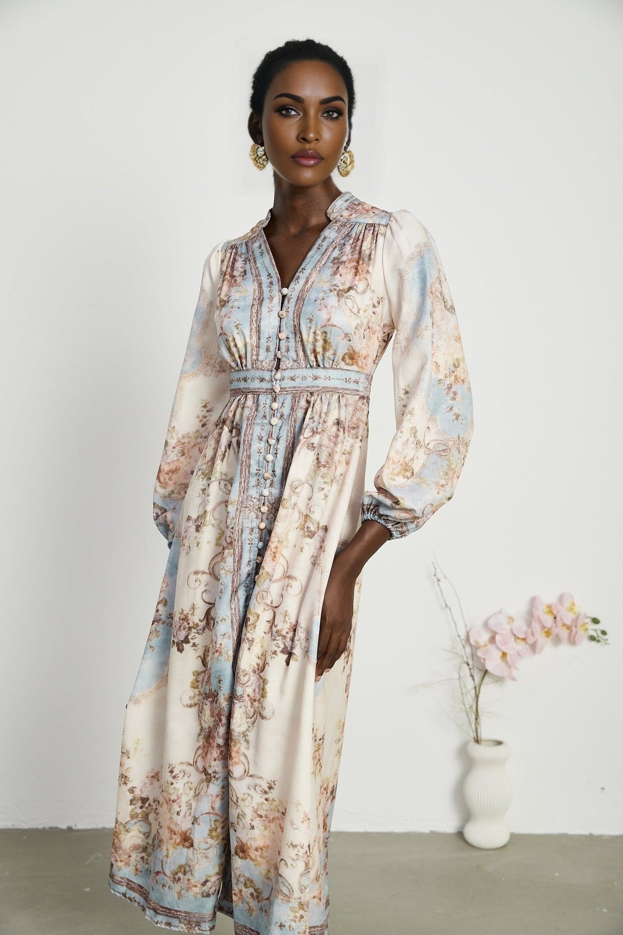 Enrica Midi Dress - Long Sleeves - V - Neck - Floral Print