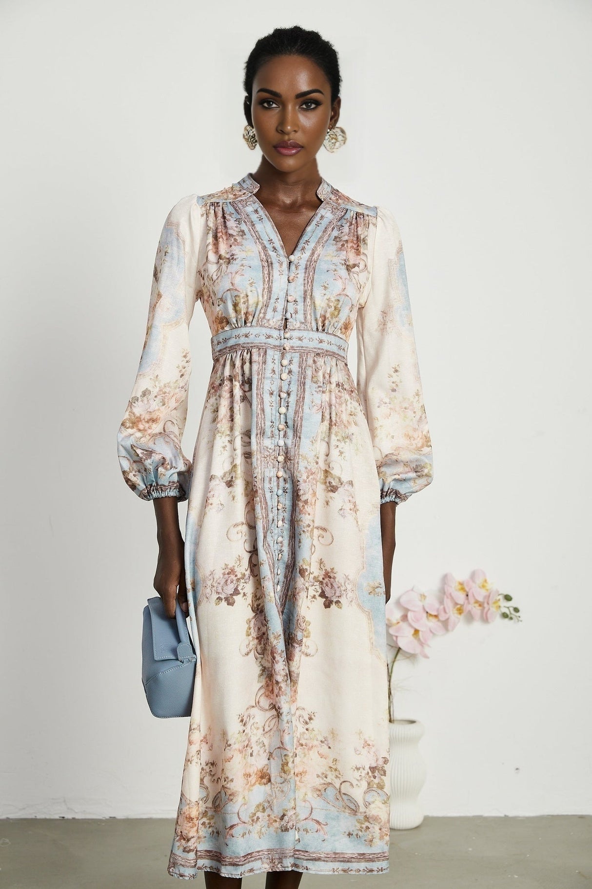 Enrica Midi Dress - Long Sleeves - V - Neck - Floral Print