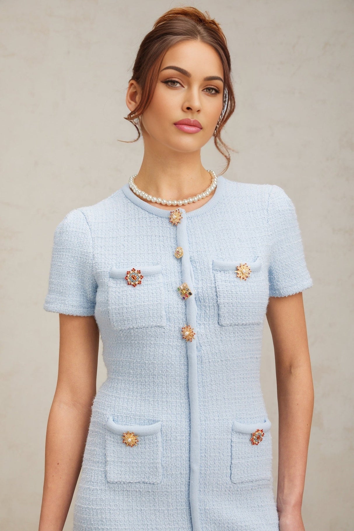 Enrica Mini Dress - Knitted Construction - Crystal Embellishment - Four Patch Pockets - Front Press - Stud Fastening