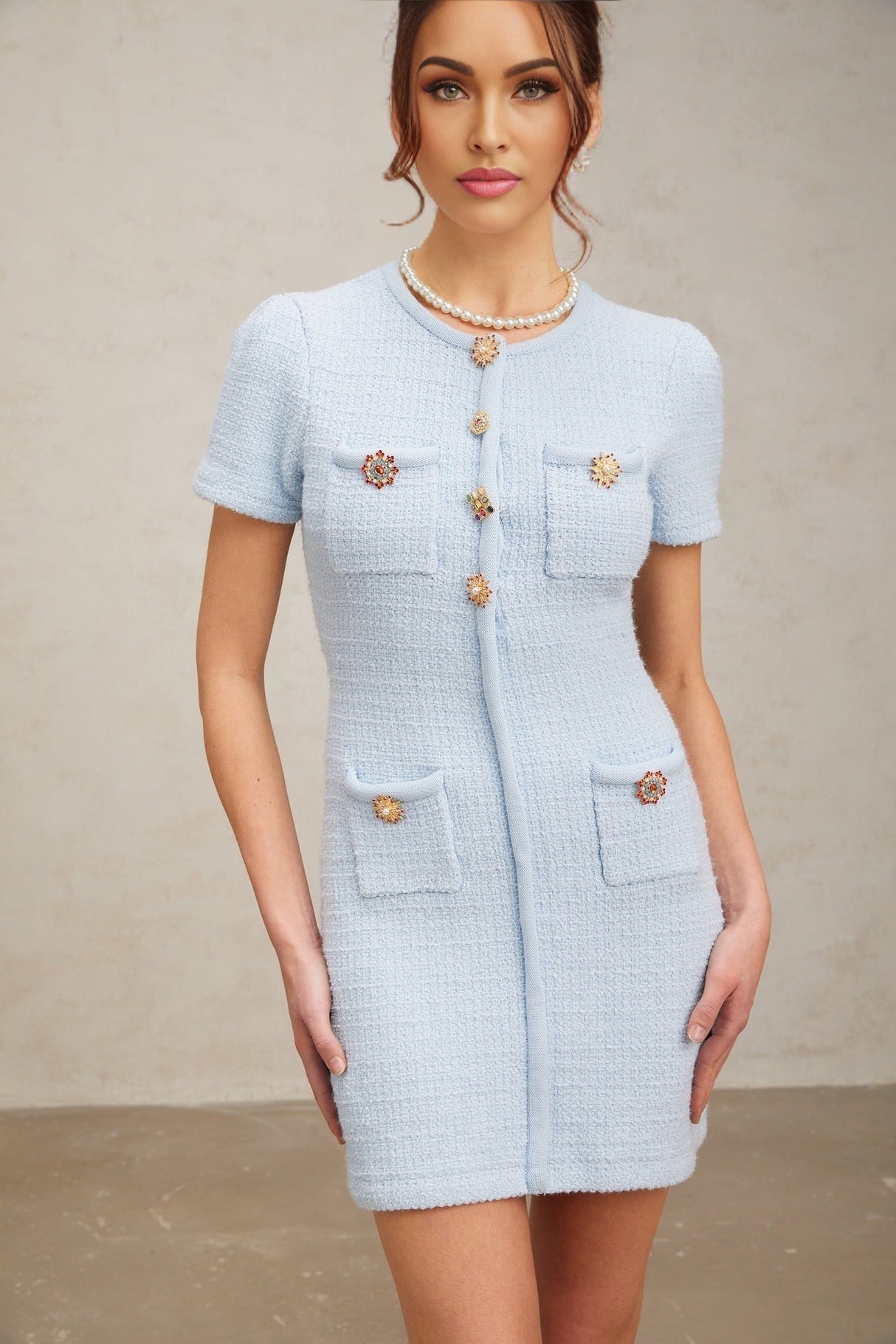 Enrica Mini Dress - Knitted Construction - Crystal Embellishment - Four Patch Pockets - Front Press - Stud Fastening