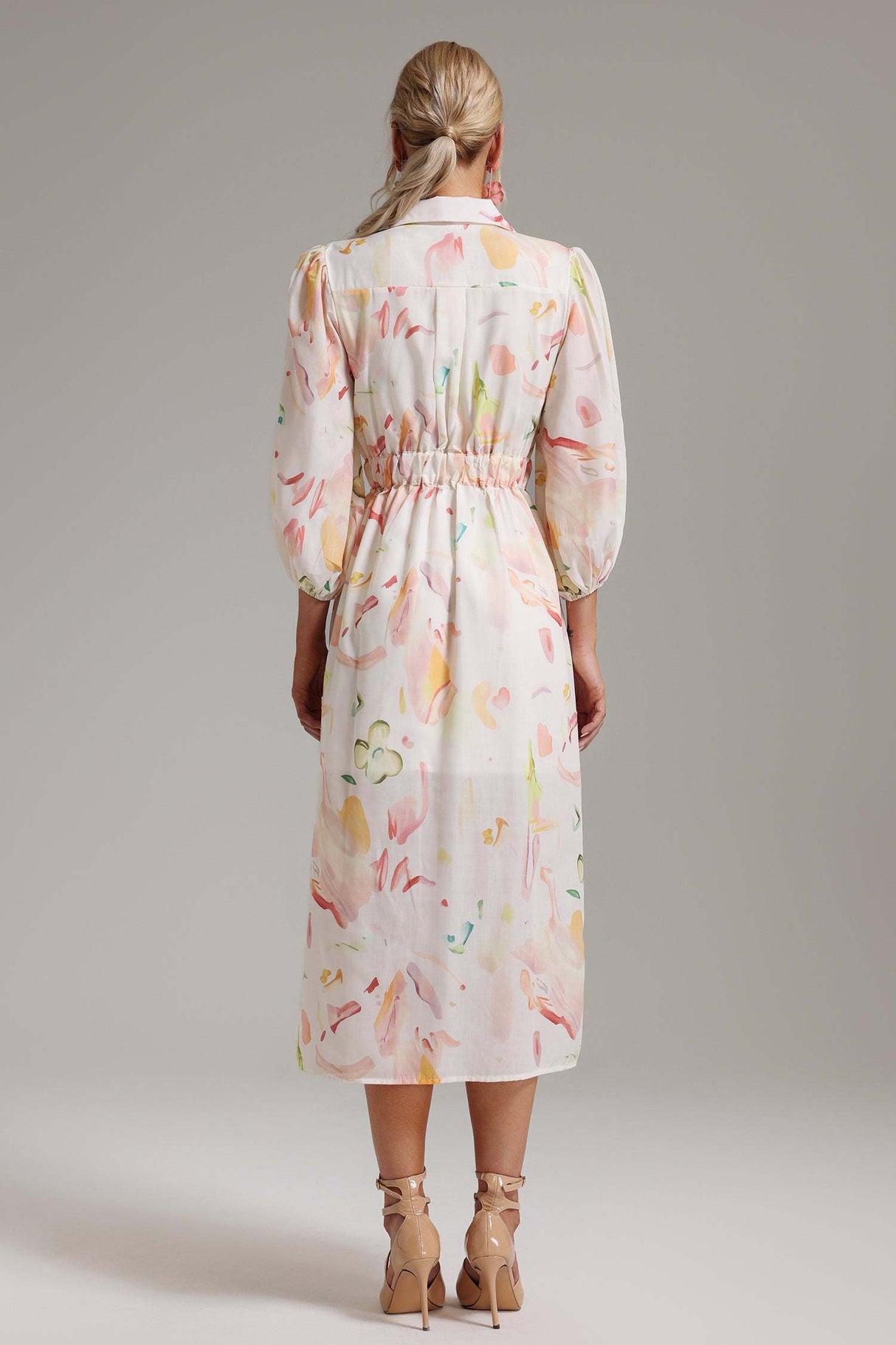 Enrica White Balloon Sleeve Button Front Dress