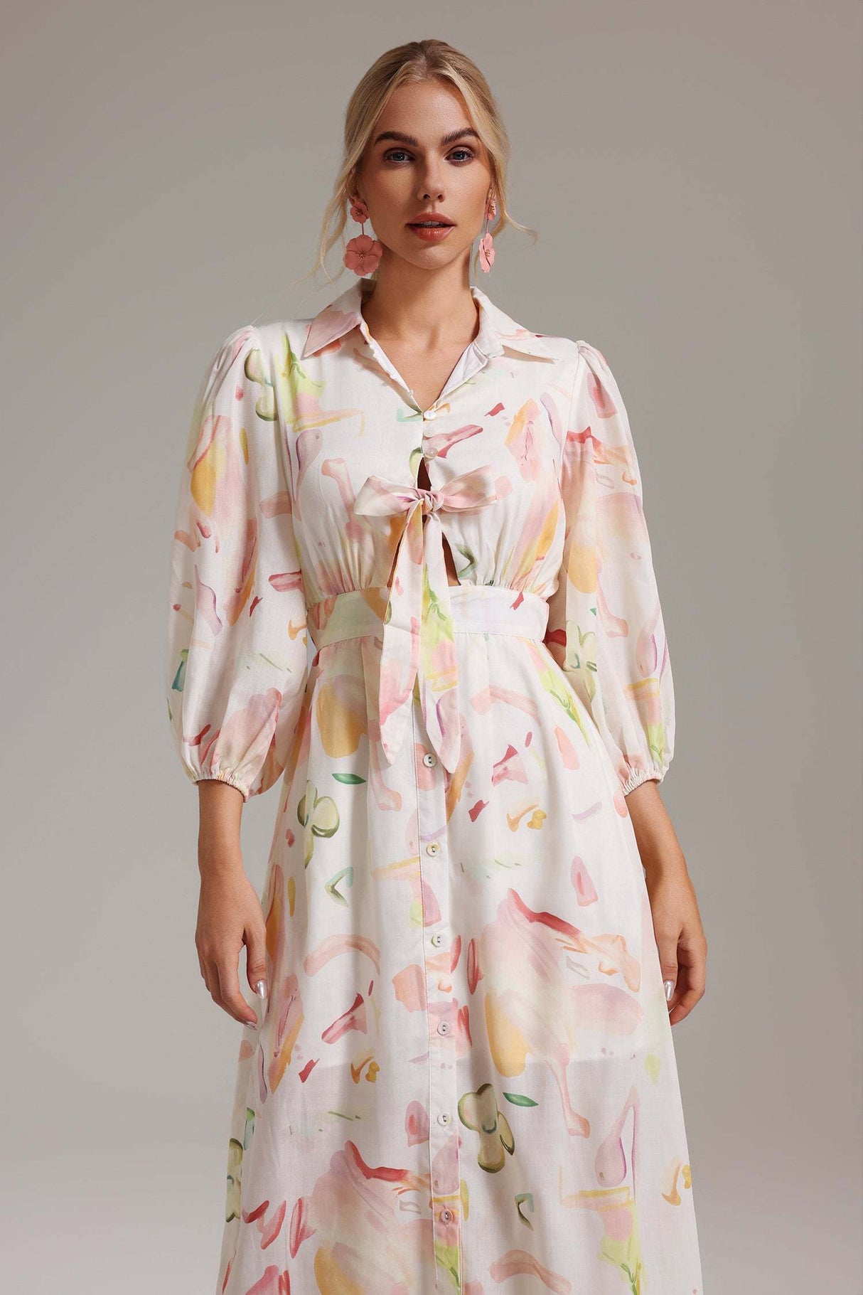 Enrica White Printed Balloon Sleeve Dress