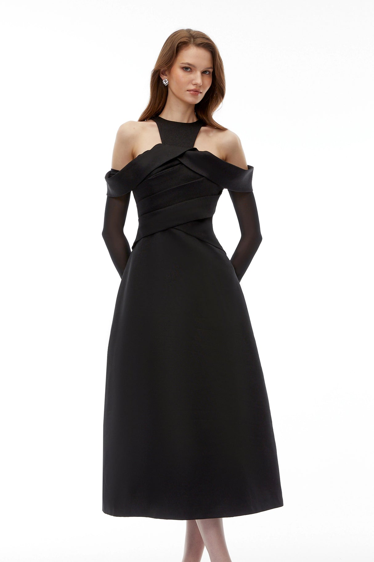 Erika Black Cold Shoulder Draped Midi Dress