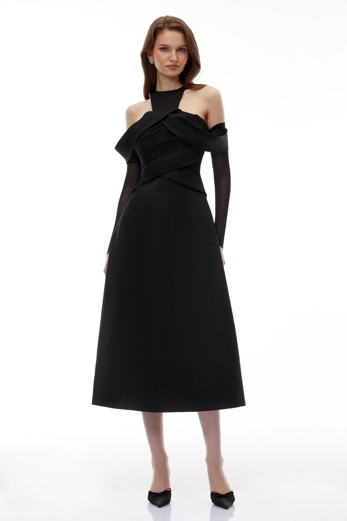 Erika Black Cold Shoulder Draped Midi Dress