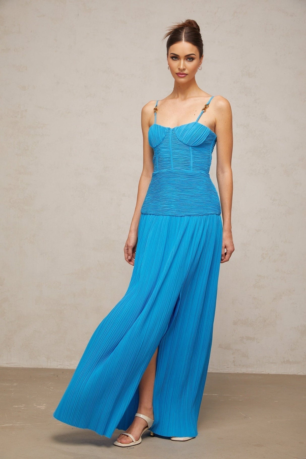 Erika Maxi Dress - Sweetheart Neckline - Sleeveless with Adjustable Straps - Pleated Design with Side Slit - Decorative Buckle Detailing