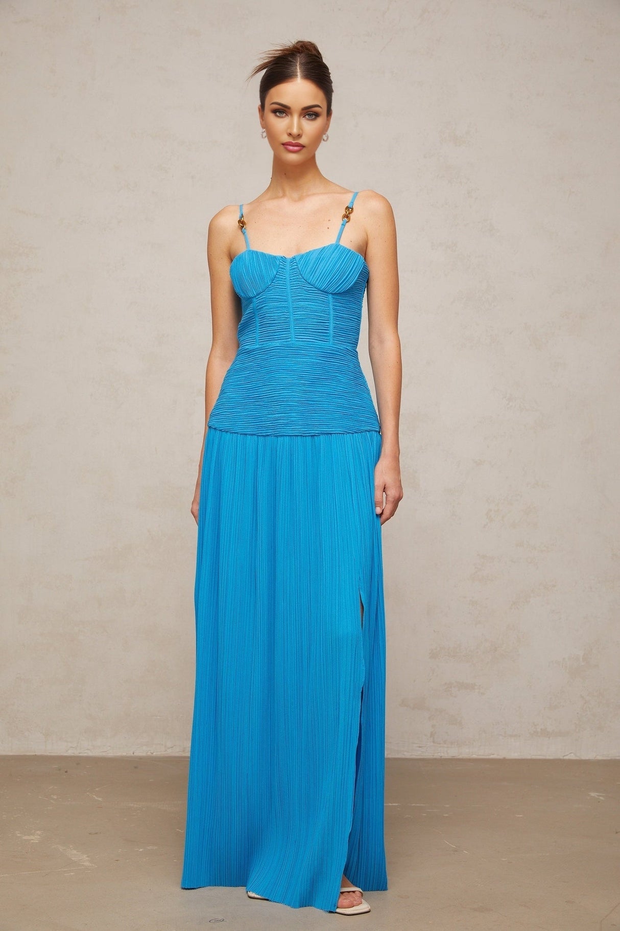 Erika Maxi Dress - Sweetheart Neckline - Sleeveless with Adjustable Straps - Pleated Design with Side Slit - Decorative Buckle Detailing