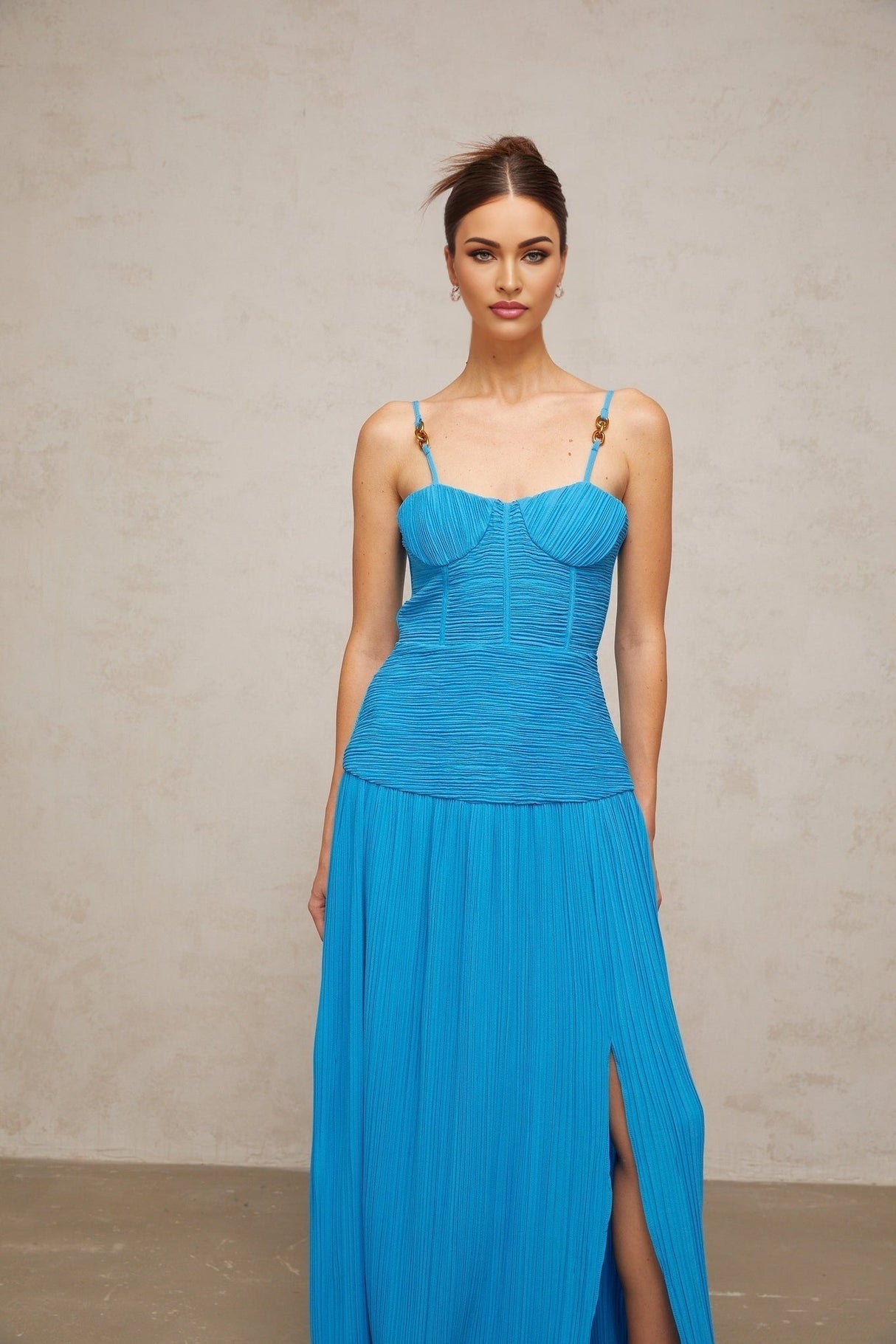 Erika Maxi Dress - Sweetheart Neckline - Sleeveless with Adjustable Straps - Pleated Design with Side Slit - Decorative Buckle Detailing