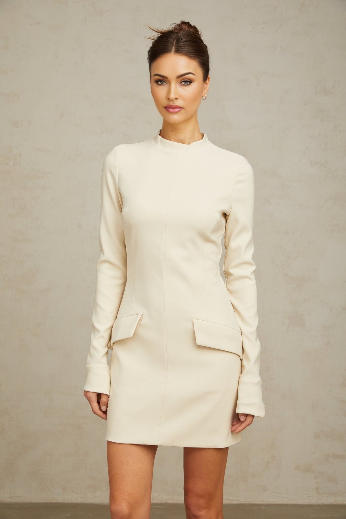 Erika Mini Dress - Mock Neck - Flared Cuffs - Fitted Silhouette - Faux Pocket Detailing - Rear Zip Fastening