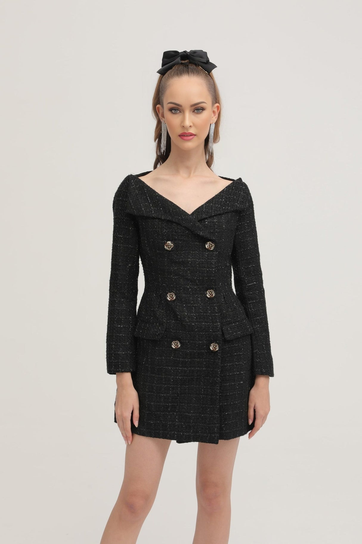 Erin Coat - Open Neck Design - Long Sleeves - Lapels with Bow Detail