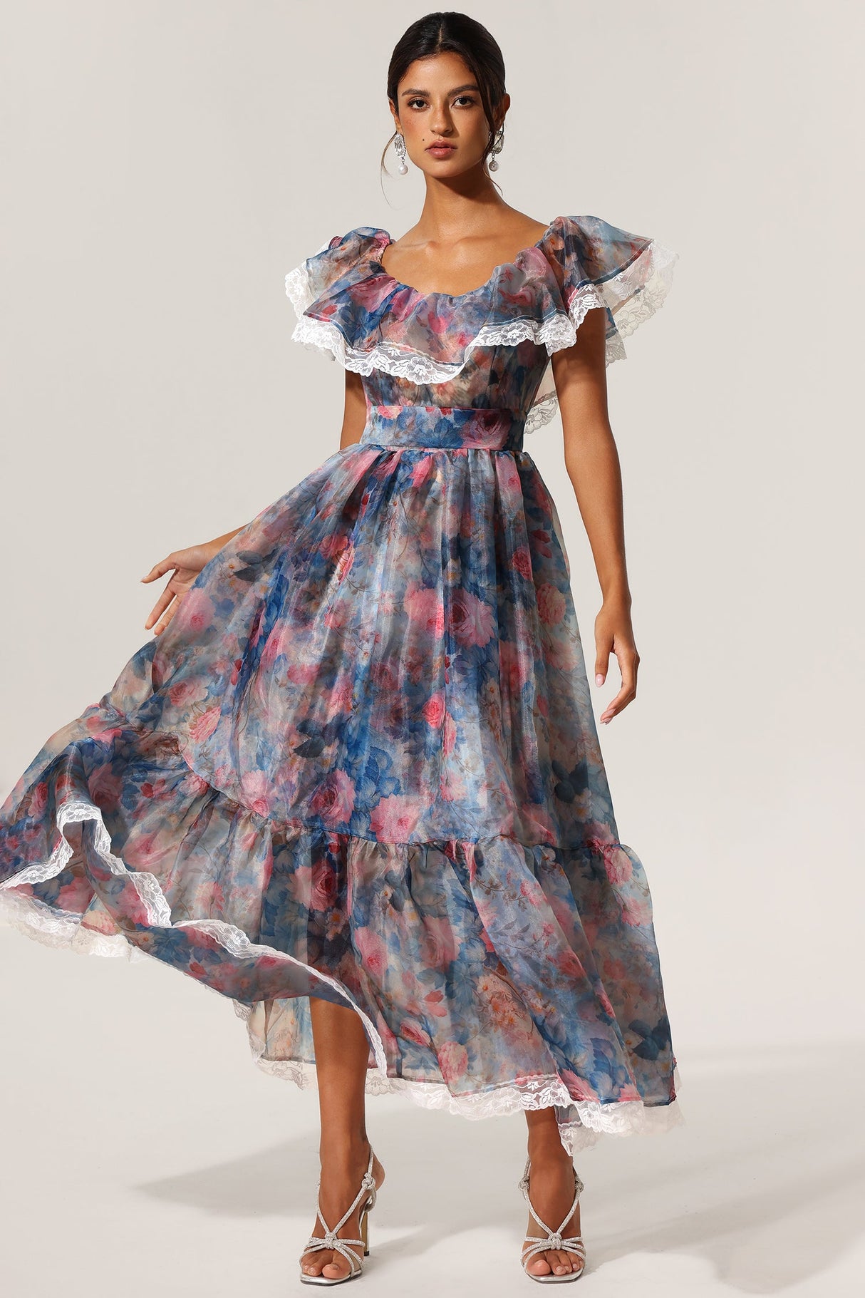 Ermione Blue Floral Maxi Dress Lace Detailing