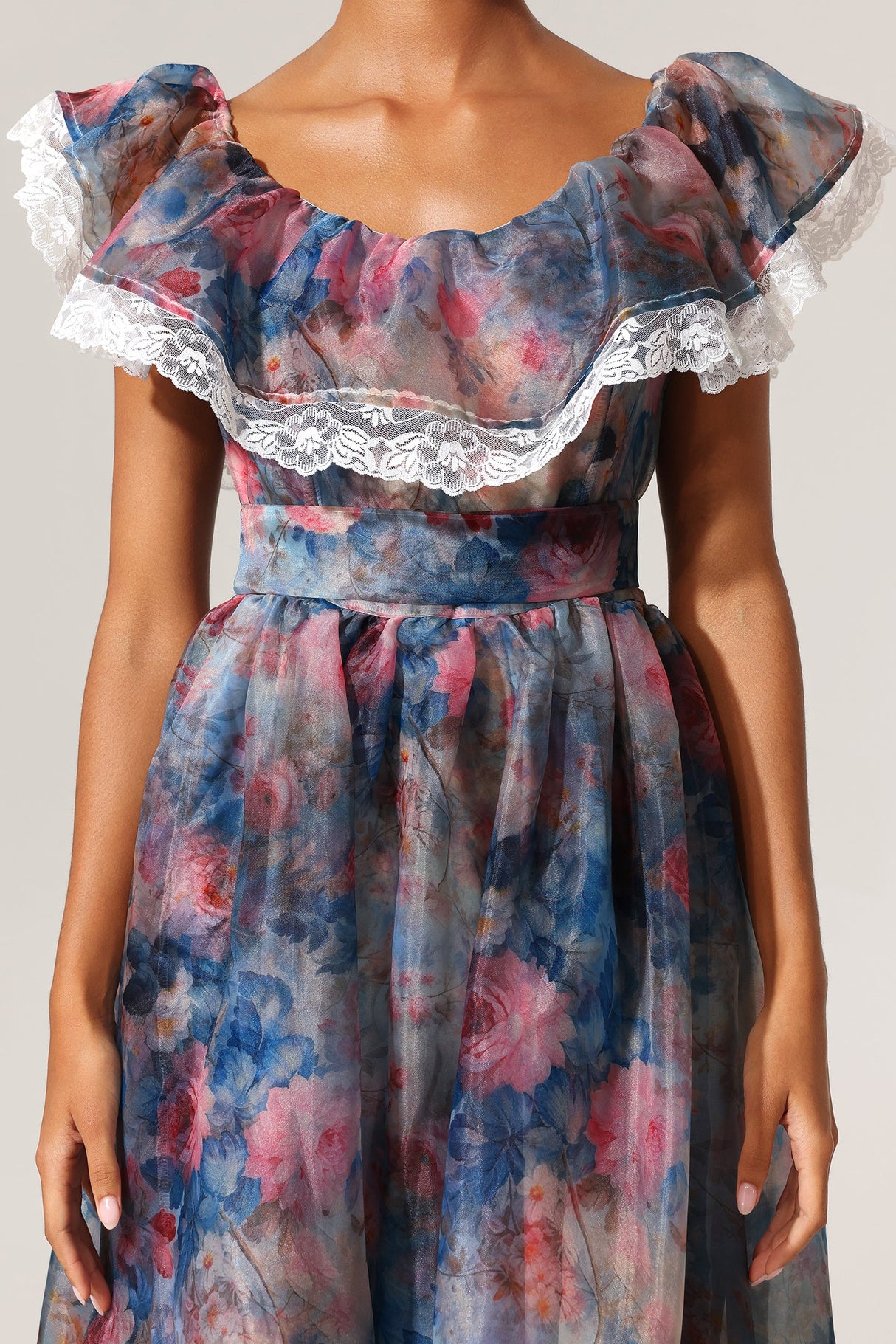 Ermione Blue Floral Maxi Dress Lace Detailing Vintage Charm