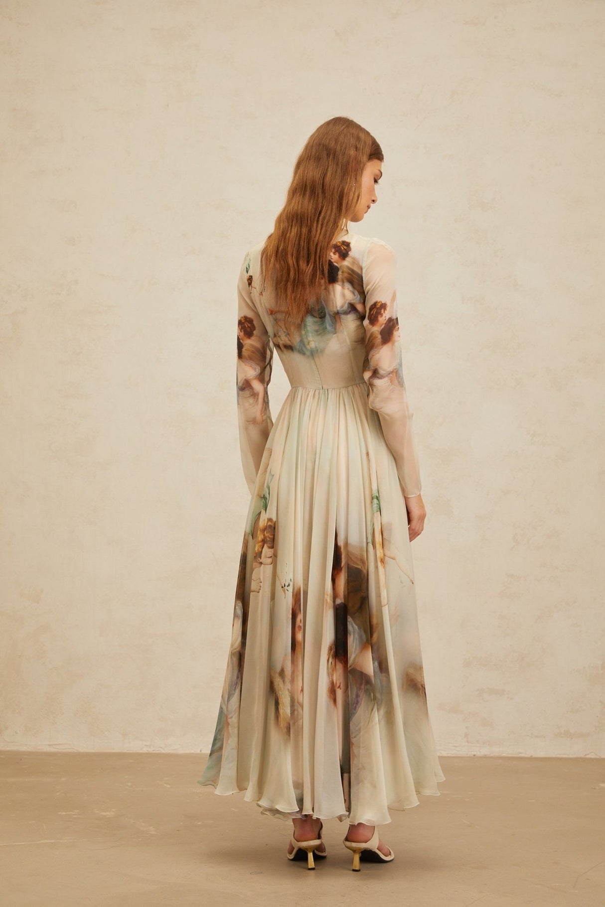 Ermione Maxi Dress - Light Green Graphic Print Round Neck Long Sleeve Shirred Scarf Design Rear Zip Maxi Length