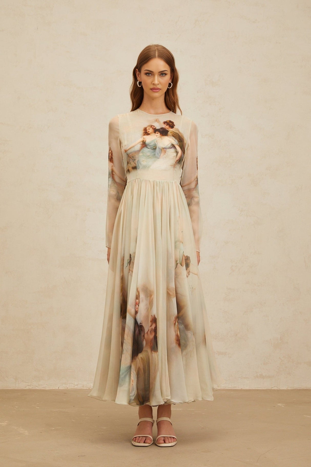 Ermione Maxi Dress - Light Green Graphic Print Round Neck Long Sleeve Shirred Scarf Design Rear Zip Maxi Length