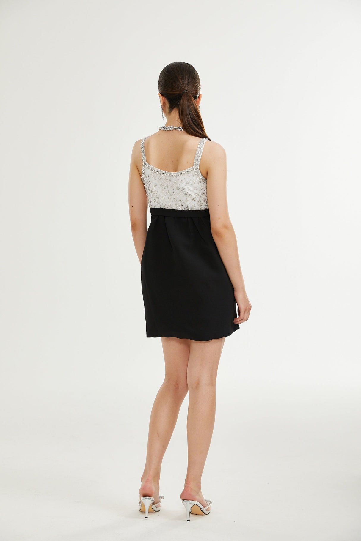 Ermione Mini Dress - Sleeveless Spaghetti Strap Crystal Embellished Bow Detailing Zip Fastening