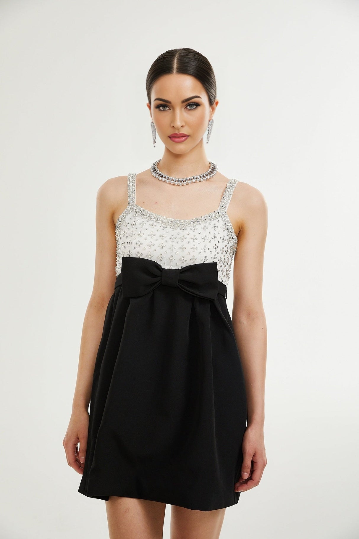 Ermione Mini Dress - Sleeveless Spaghetti Strap Crystal Embellished Bow Detailing Zip Fastening