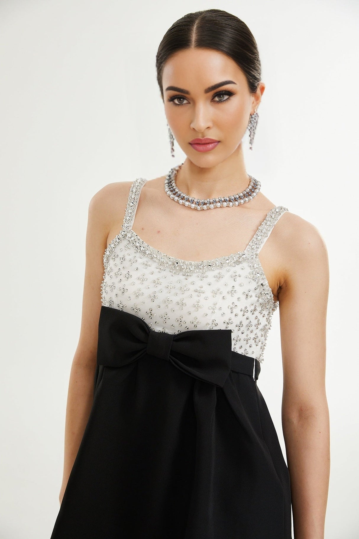 Ermione Mini Dress - Sleeveless Spaghetti Strap Crystal Embellished Bow Detailing Zip Fastening